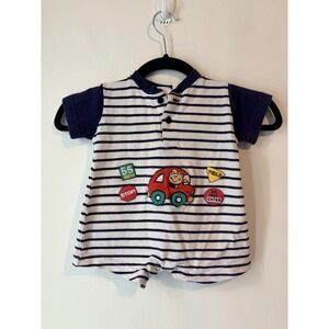 Vintage Cradle Togs One Piece Jumper Boys 6-9 Months Cars Signs Striped Textured